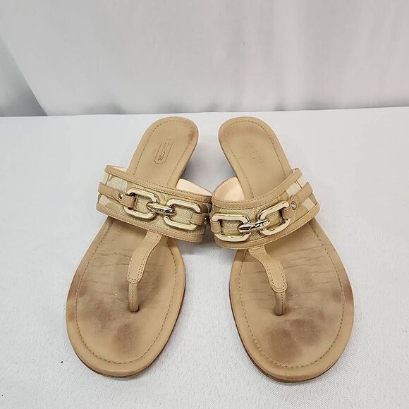 Coach Sandals Womens Size 7.5 Virginia Slip on Beige Tan Wedge Logo Chain Sandal - Picture 2 of 7